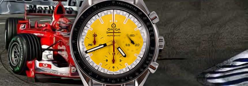 omega-speedmaster-reduced-limited-edition-scuderria-ferrari-michael-schumacher-acier-occasion-jaune-watch-1996-montre-de-luxe-occasion-collection-courses-chrono-mostra-store-montres-boutique-montres-omega-occasion-aix-formulaa-one-watch